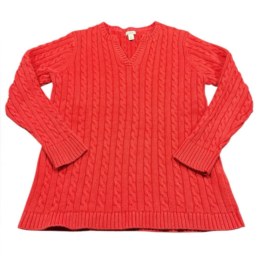 LL Bean Red Coral Cable Knit Sweater Cotton V Neck Womens Large Cottagecore